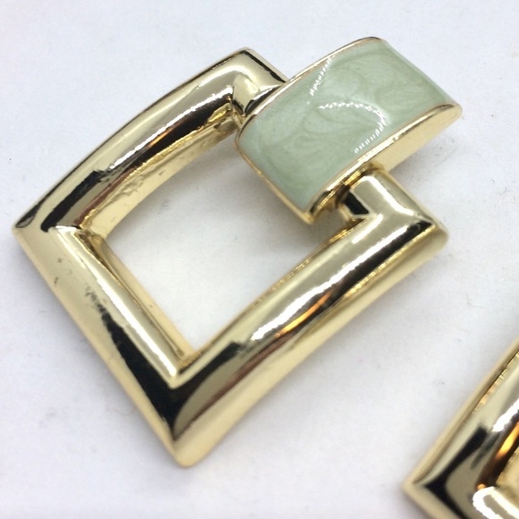 VINTAGE 80S GREEN GOLD TONE SQUARE DOOR KNOCKER CLIP ON EARRINGS - Picture 9 of 12